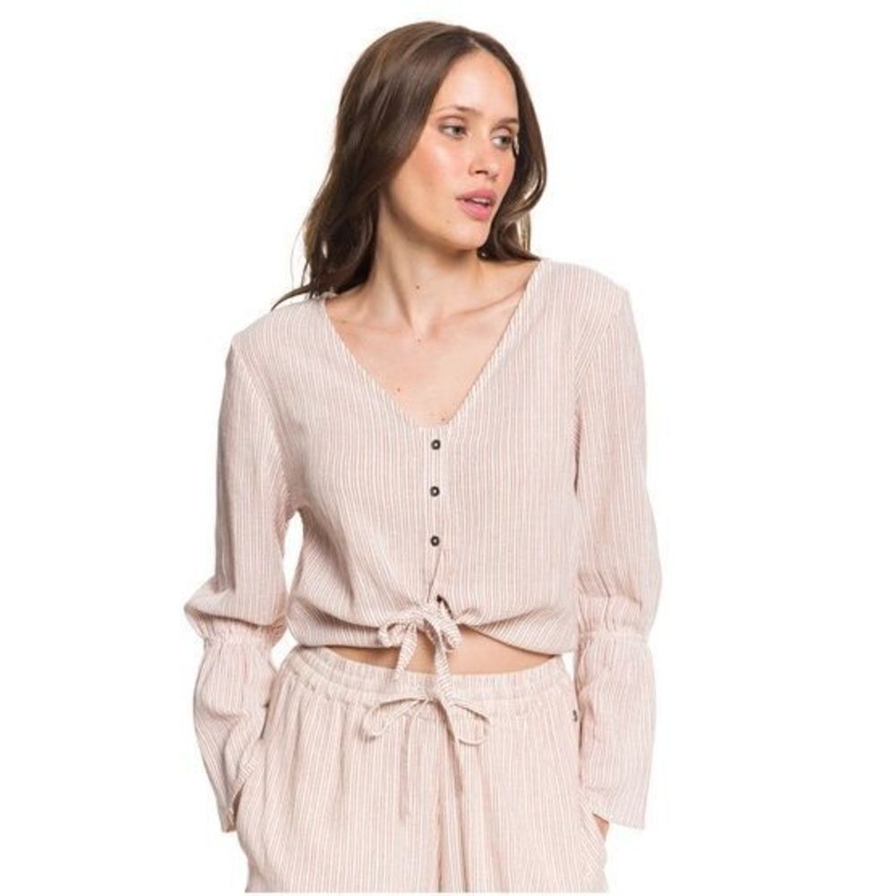 Roxy My Girl Tie-Front Long Sleeve Shirt  blouse 100% cotton size M